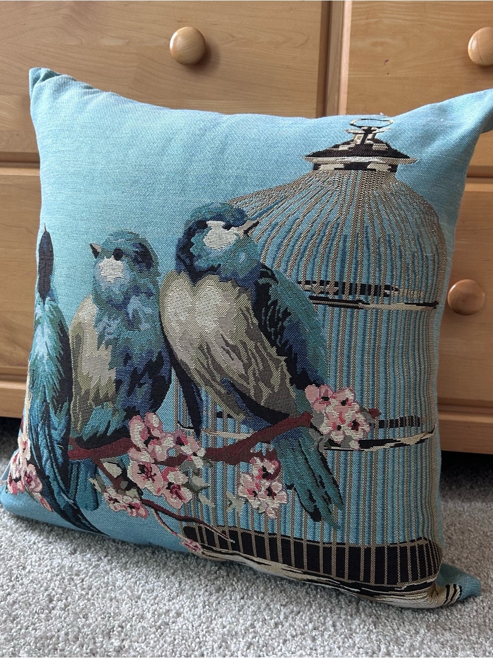 Westex Throw Pillow 18x18 Blue Birds Birdcage Floral Tapestry Cotton Cover - Picture 9 of 10